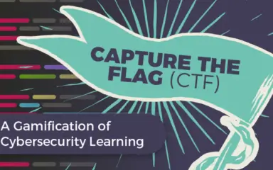 Un banner estilizado reza "Capture The Flag (CTF)" sobre un fondo de coloridas líneas de código, con texto: "Una gamificación del aprendizaje de la ciberseguridad".