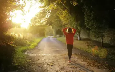 Una persona con un jersey rojo camina por un sendero iluminado por el sol, rodeado de árboles con hojas otoñales. El ambiente es tranquilo y sereno.