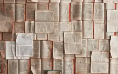 Una serie de libros abiertos cubren una superficie, creando un collage texturizado. Las páginas se superponen aleatoriamente, mostrando un texto denso. La imagen destila abundancia literaria.