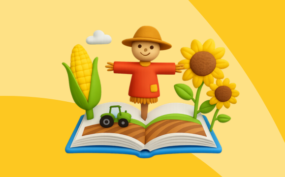 Ilustración de un espantapájaros, un girasol, maíz, un tractor y un libro abierto
